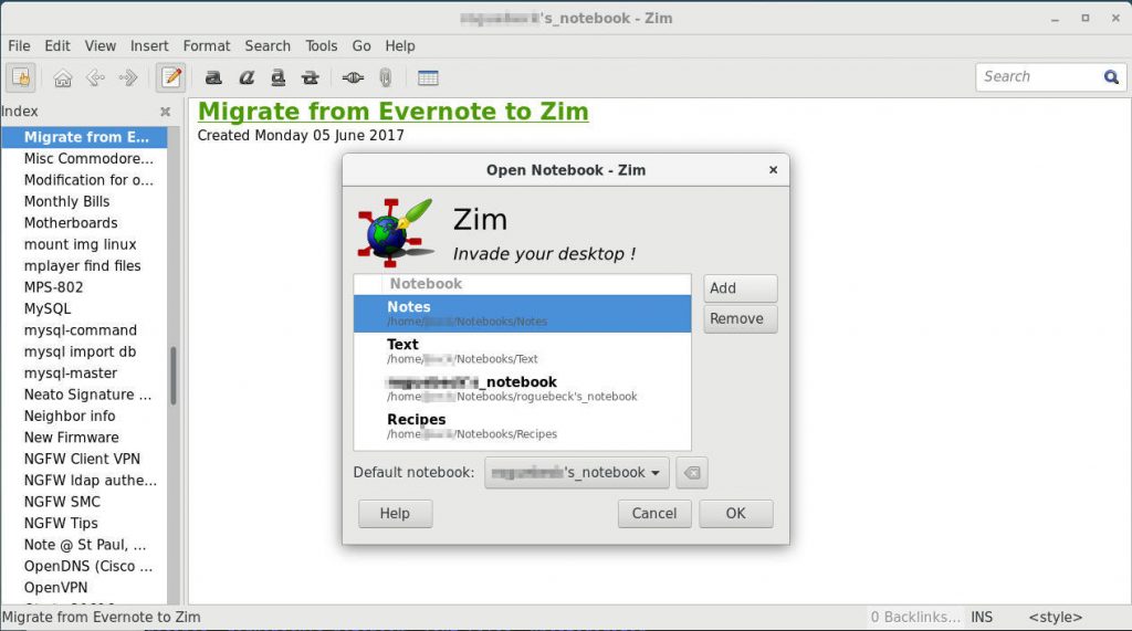 zim add new notebook dialogue